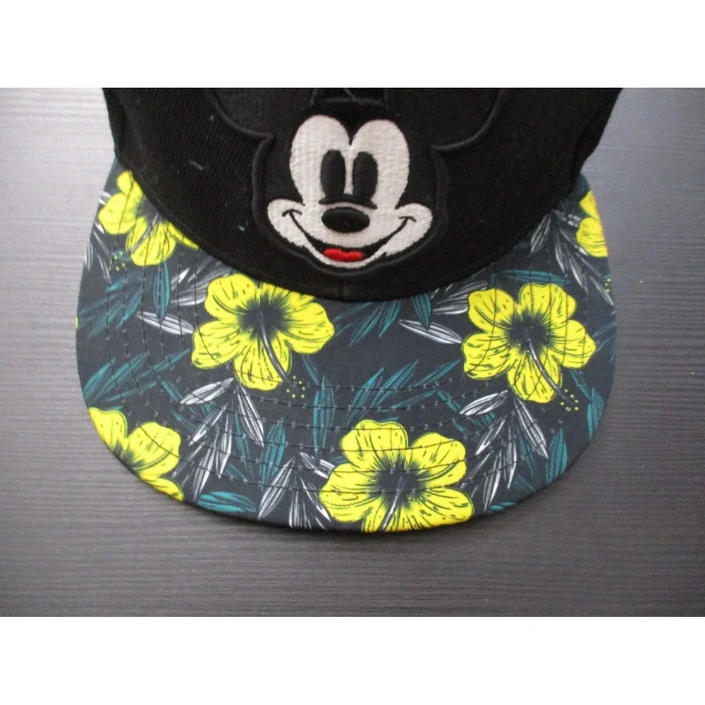 Disney Hat Cap Mens Black Snap Back Floral Hawaiian Mickey Mouse Logo Cartoon A2
